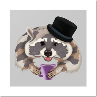 Raccoon in a hat with a mug of coffee Posters and Art